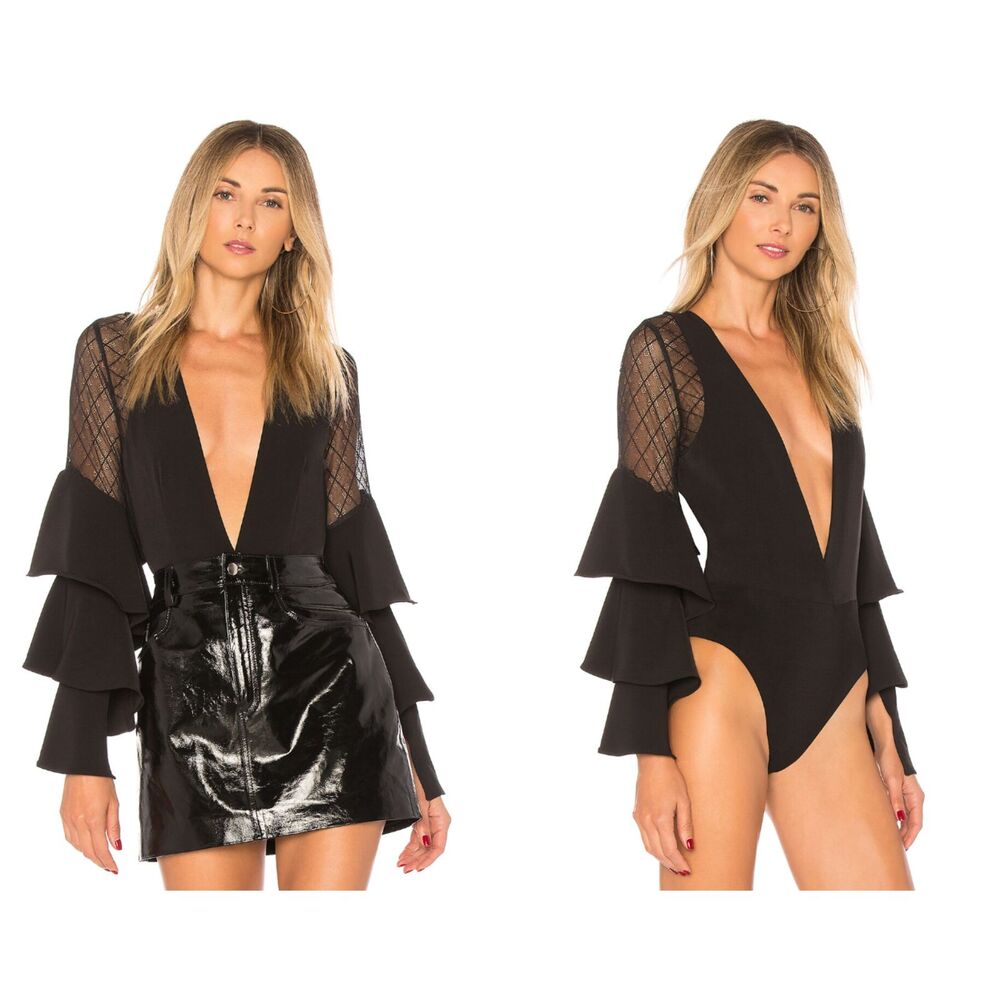 NBD Revolve Bodysuit Black XXS Ruffle Sheer Lace Whimsygoth Witchy Grunge *READ*